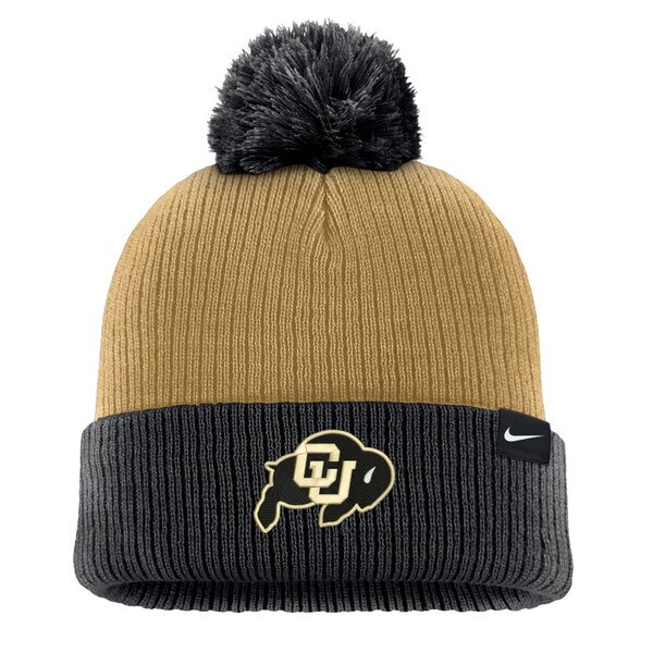 The majority of the beanie is yellow, but the bottom cuff is black with the CU Buffalo logo embroidered in black and gold. The pom-pom is also black. There is also a Nike tag on the cuff.